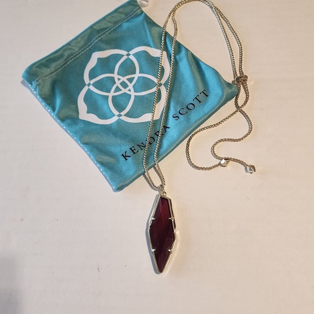 Kendra Scott Burgundy Stone Pendant Necklace Golden Tone Long